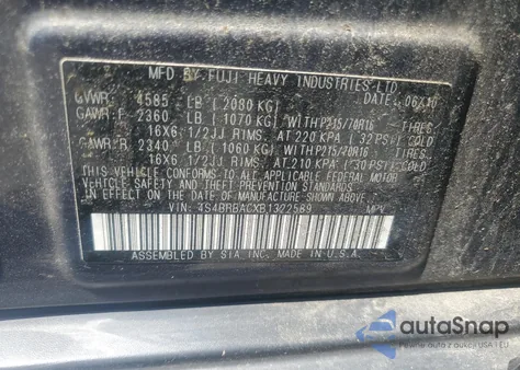 2011 Subaru Outback 2.5I z USA, uszkodzony, nr VIN 4S4BRBACXB1322589